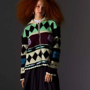 MANDINGA SKY Sz M PULLOVER geometric print wool blend collared SWEATER